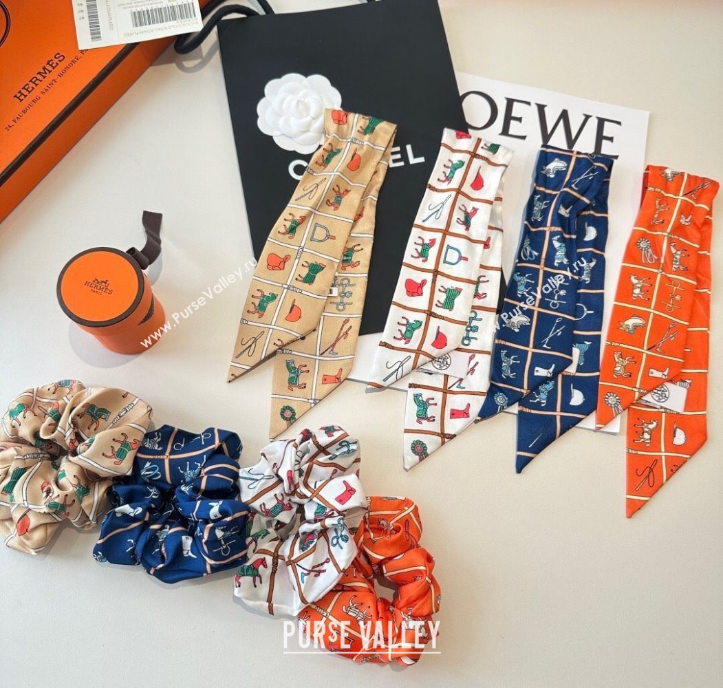 Hermes HorseTwilly Silk Bandeau and Hairring Set White 2025 0724 (XMN-250724013)