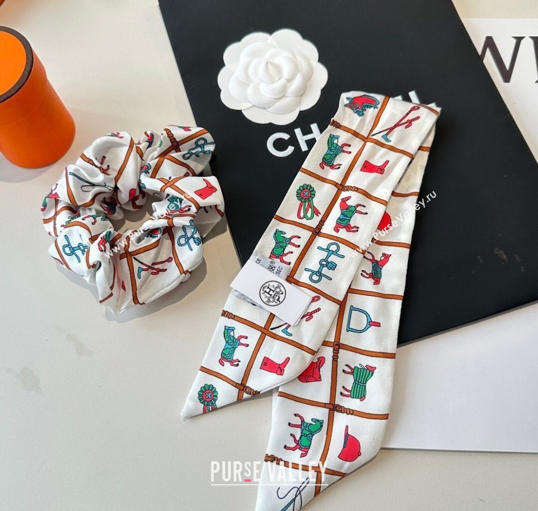 Hermes HorseTwilly Silk Bandeau and Hairring Set White 2025 0724 (XMN-250724013)