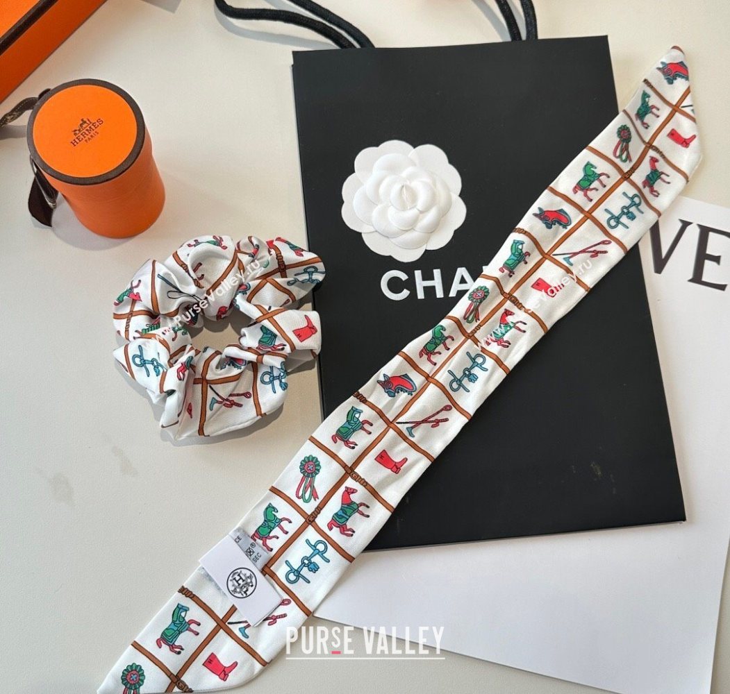 Hermes HorseTwilly Silk Bandeau and Hairring Set White 2025 0724 (XMN-250724013)