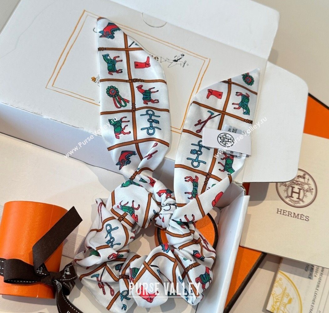 Hermes HorseTwilly Silk Bandeau and Hairring Set White 2025 0724 (XMN-250724013)