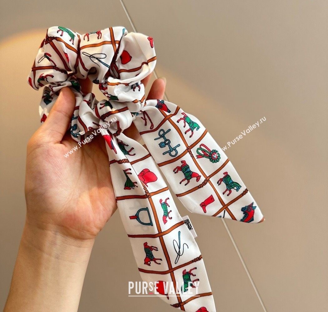 Hermes HorseTwilly Silk Bandeau and Hairring Set White 2025 0724 (XMN-250724013)