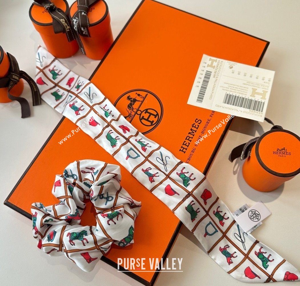 Hermes HorseTwilly Silk Bandeau and Hairring Set White 2025 0724 (XMN-250724013)