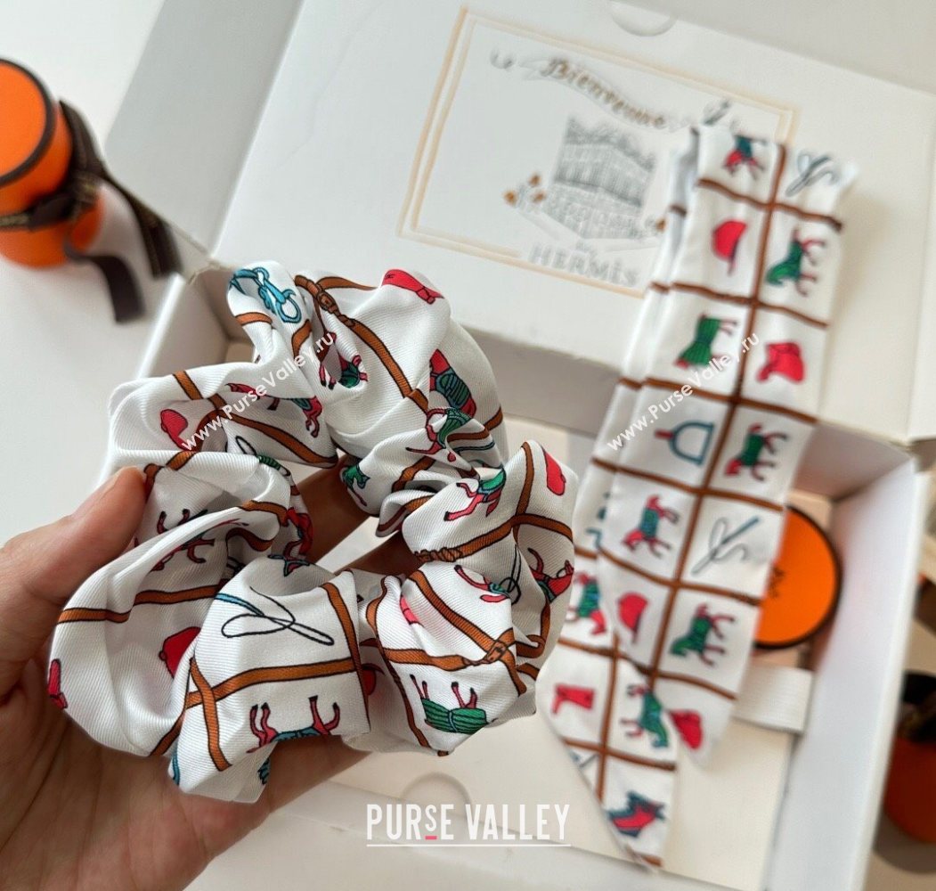 Hermes HorseTwilly Silk Bandeau and Hairring Set White 2025 0724 (XMN-250724013)