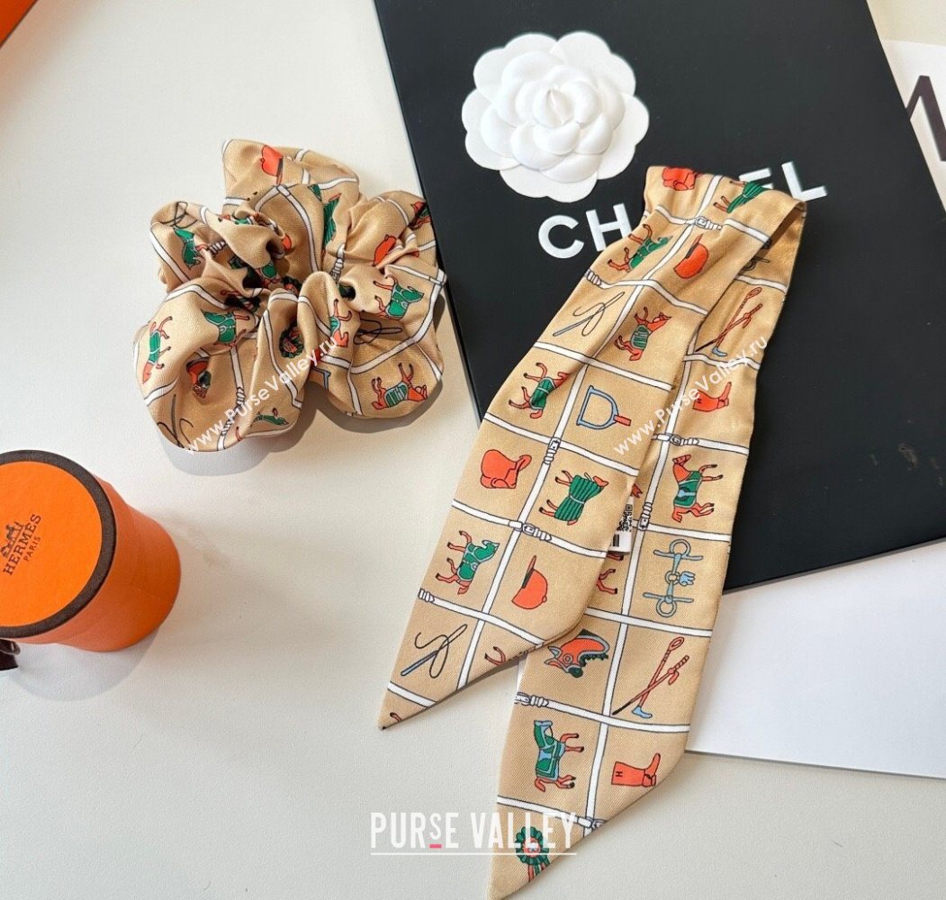 Hermes Horse Twilly Silk Bandeau and Hairring Set Beige 2025 0724 (XMN-250724014)