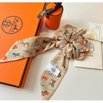 Hermes Horse Twilly Silk Bandeau and Hairring Set Beige 2025 0724 (XMN-250724014)