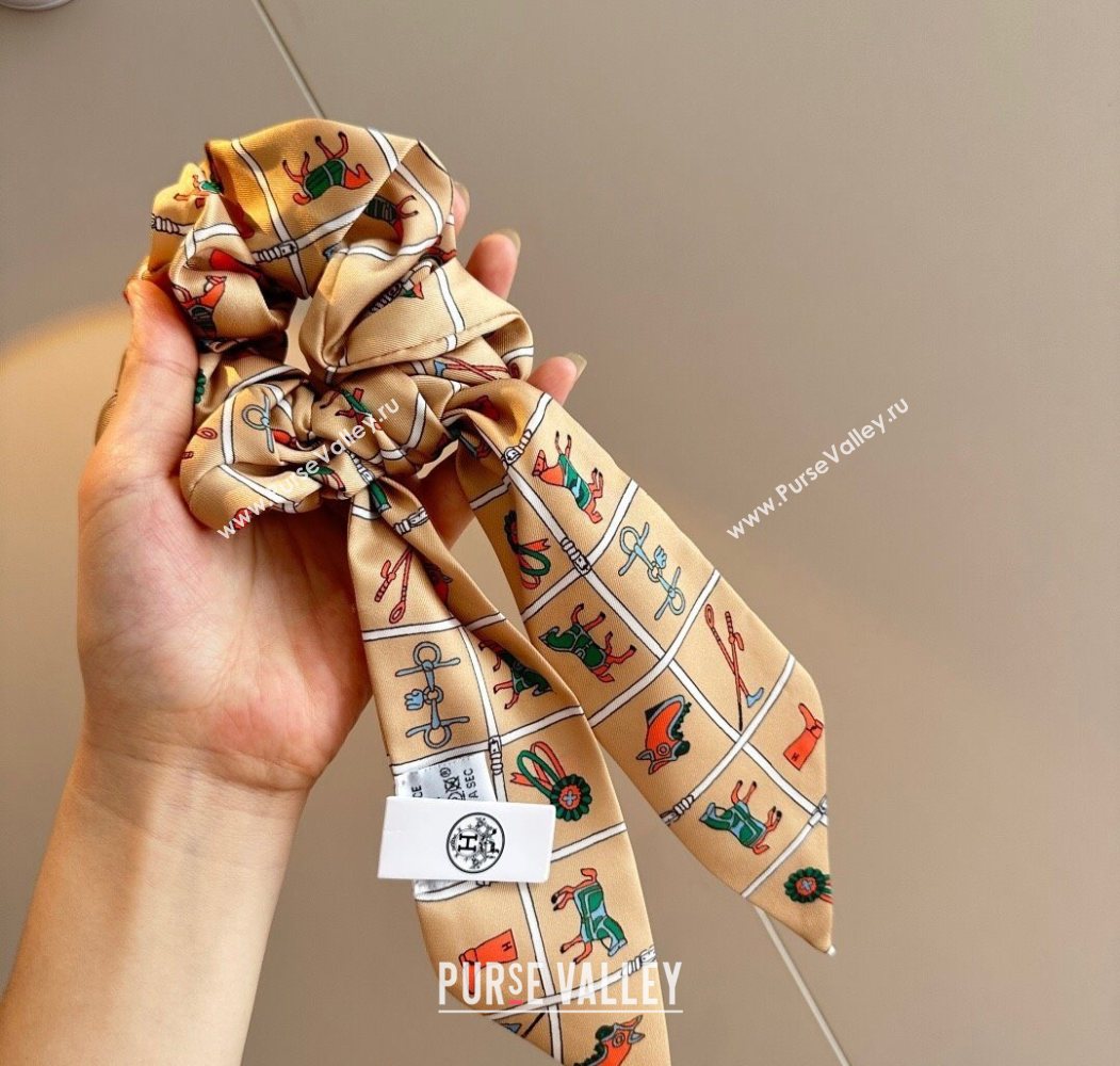 Hermes Horse Twilly Silk Bandeau and Hairring Set Beige 2025 0724 (XMN-250724014)
