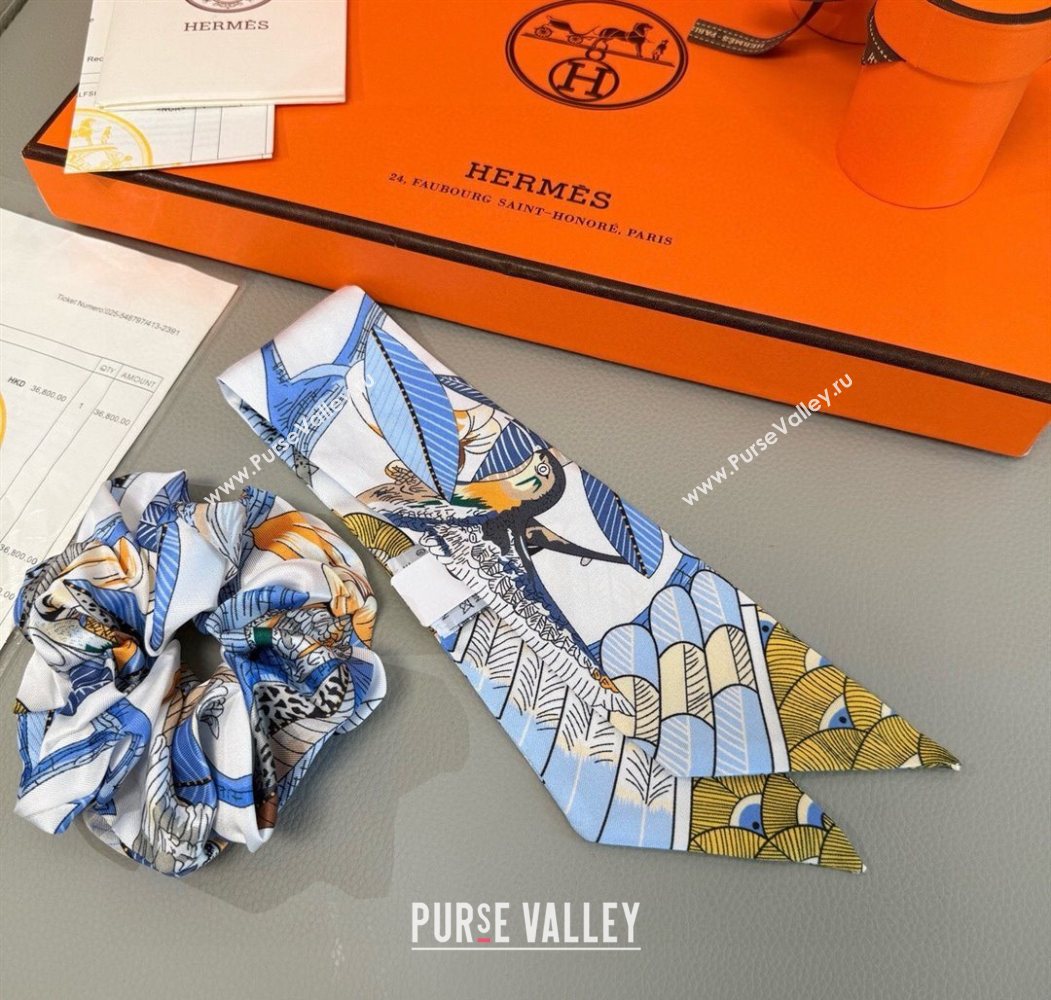 Hermes Tree Twilly Silk Bandeau and Hairring Set Blue 2025 0724 (XMN-250724017)