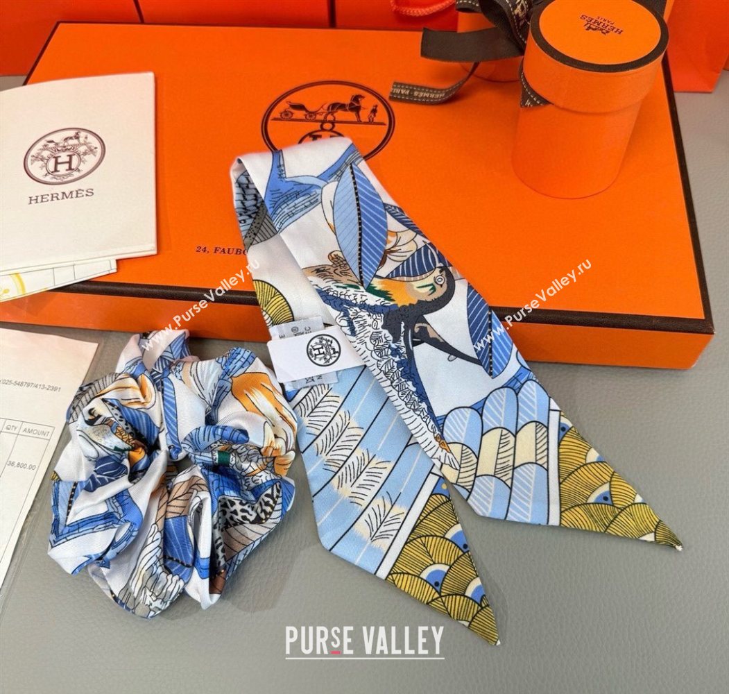 Hermes Tree Twilly Silk Bandeau and Hairring Set Blue 2025 0724 (XMN-250724017)