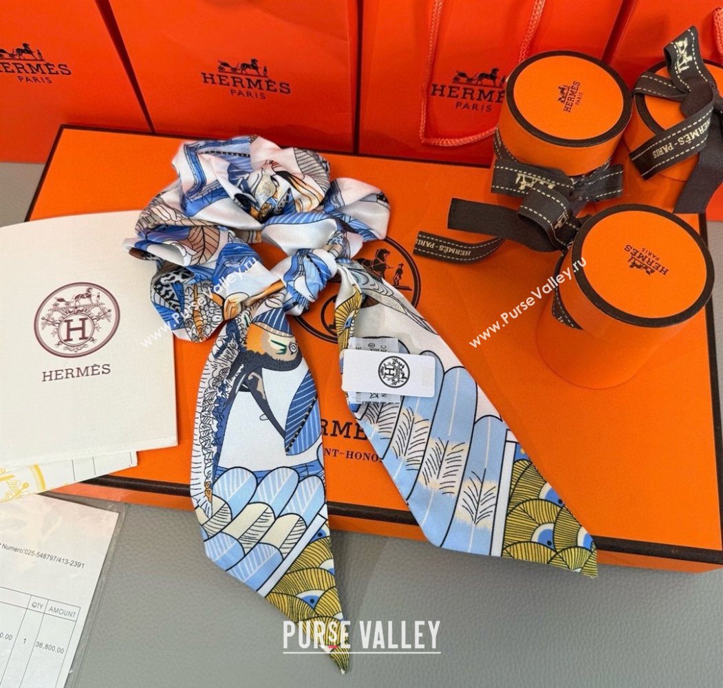 Hermes Tree Twilly Silk Bandeau and Hairring Set Blue 2025 0724 (XMN-250724017)