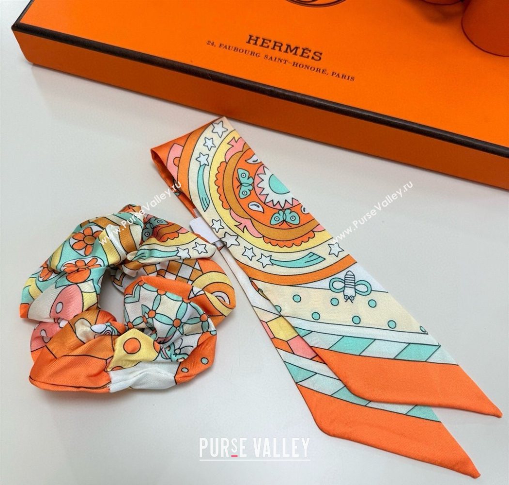Hermes Forest Twilly Silk Bandeau and Hairring Set Orange 2025 0724 (XMN-250724019)