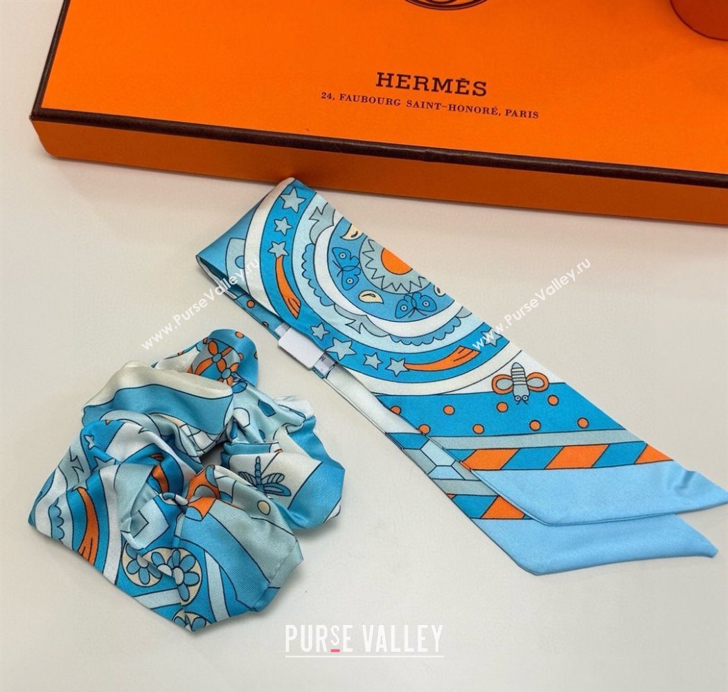 Hermes Forest Twilly Silk Bandeau and Hairring Set Blue 2025 0724 (XMN-250724020)