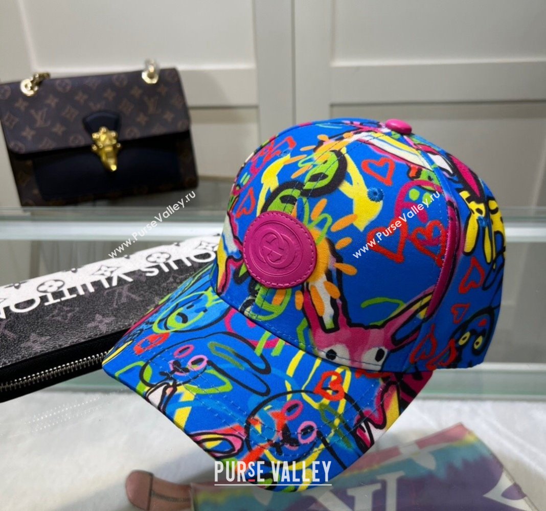 Gucci GG Canvas Baseball Hat with Graffi Print Blue 2024 040301 (A-240403052)