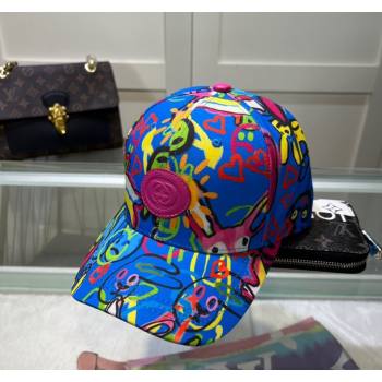 Gucci GG Canvas Baseball Hat with Graffi Print Blue 2024 040301 (A-240403052)