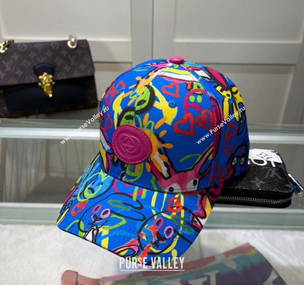 Gucci GG Canvas Baseball Hat with Graffi Print Blue 2024 040301 (A-240403052)