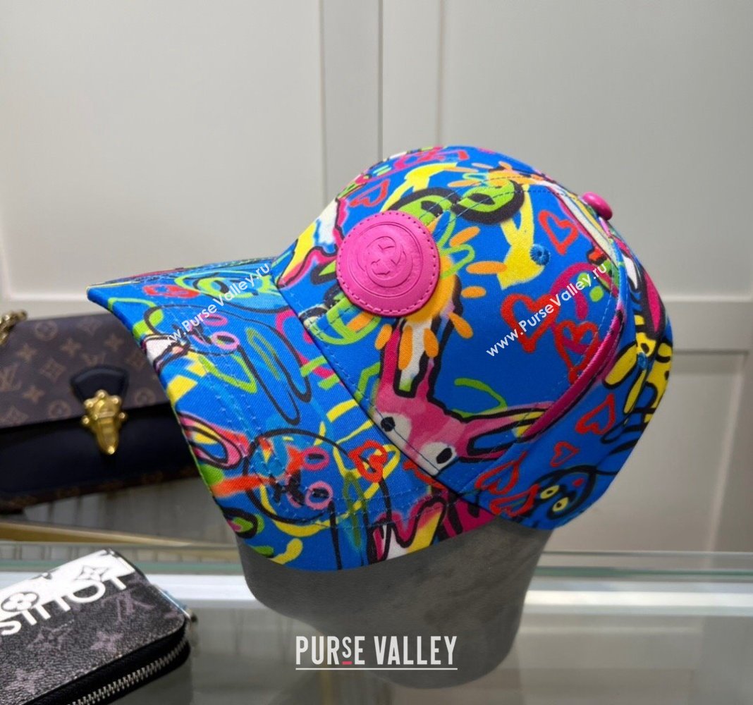 Gucci GG Canvas Baseball Hat with Graffi Print Blue 2024 040301 (A-240403052)