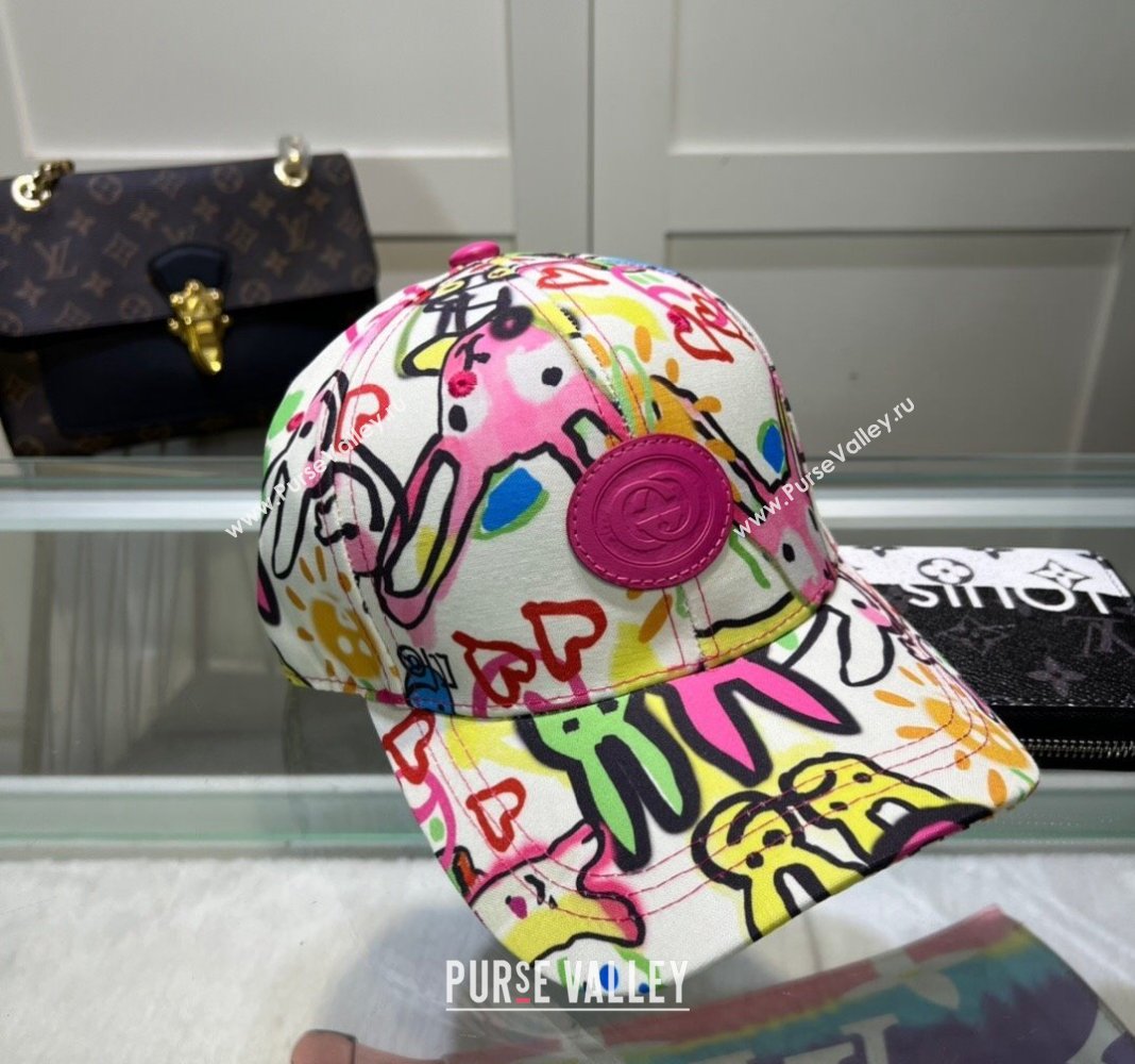 Gucci GG Canvas Baseball Hat with Graffi Print White 2024 040301 (A-240403051)