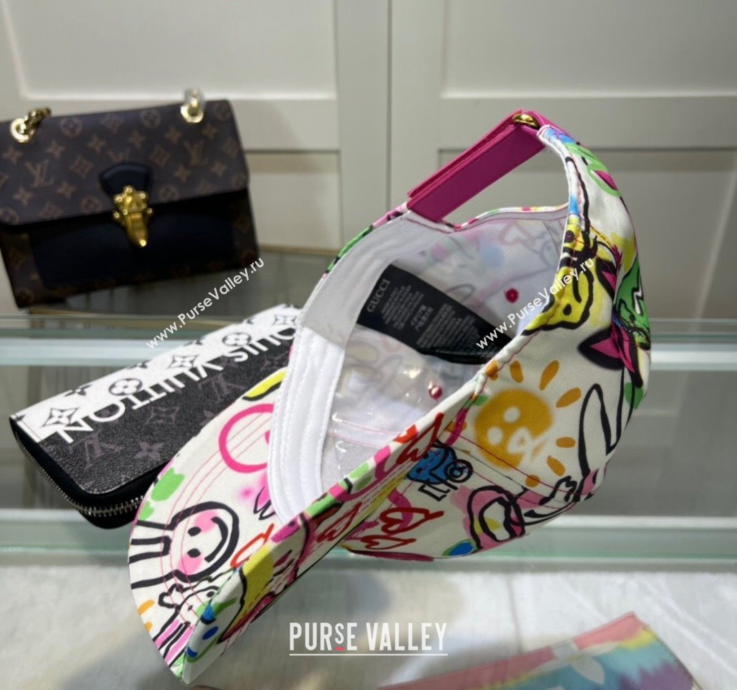 Gucci GG Canvas Baseball Hat with Graffi Print White 2024 040301 (A-240403051)