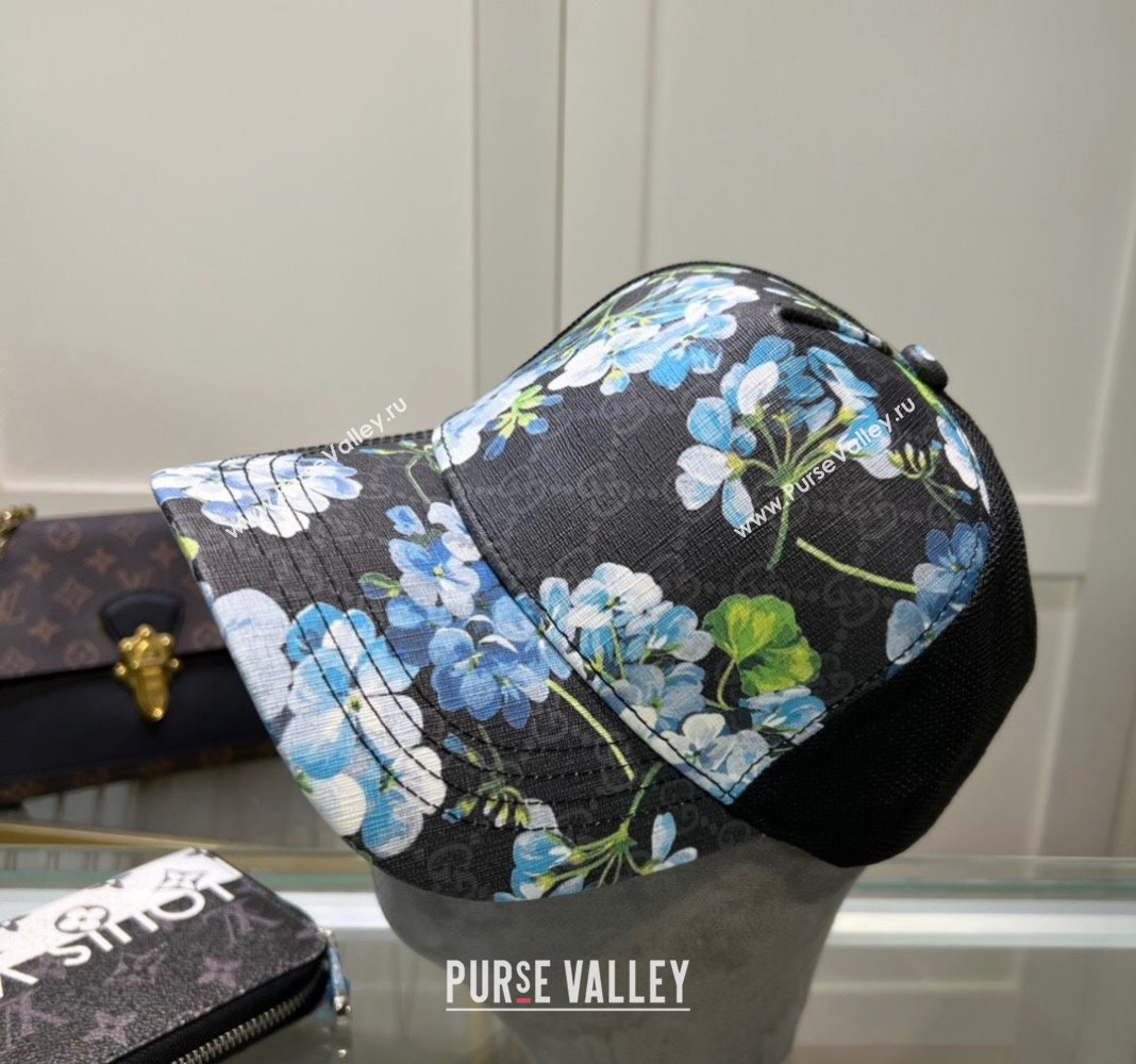 Gucci Black GG Canvas Baseball Hat with Flora Blue 2024 040301 (A-240403066)
