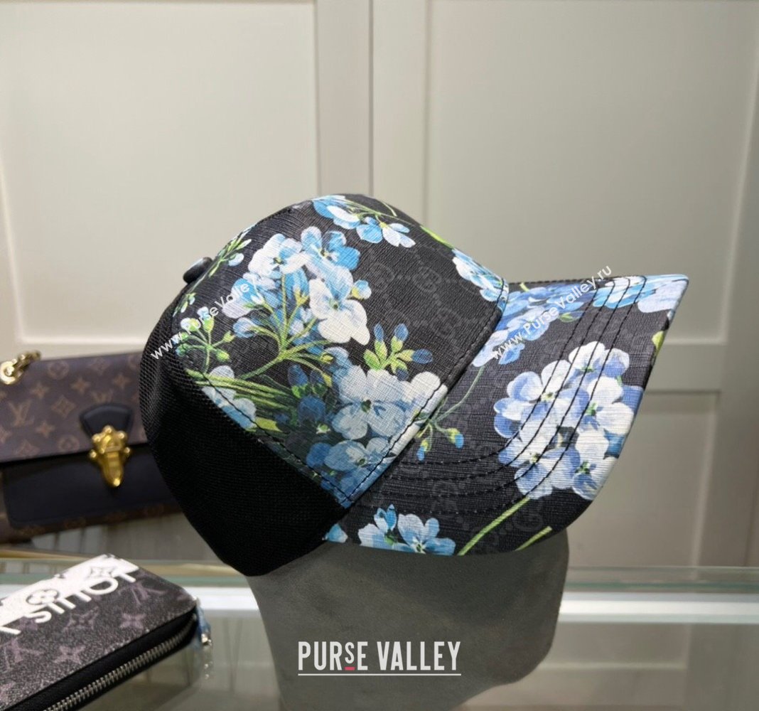 Gucci Black GG Canvas Baseball Hat with Flora Blue 2024 040301 (A-240403066)