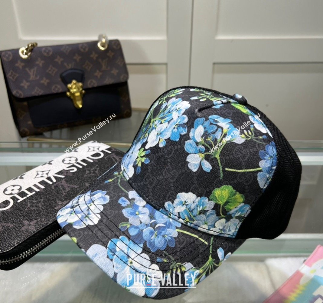 Gucci Black GG Canvas Baseball Hat with Flora Blue 2024 040301 (A-240403066)