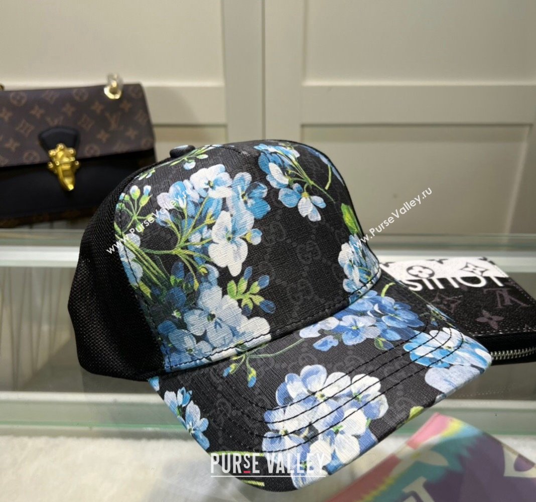 Gucci Black GG Canvas Baseball Hat with Flora Blue 2024 040301 (A-240403066)