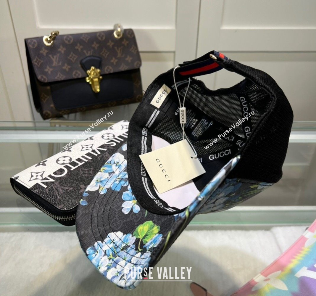 Gucci Black GG Canvas Baseball Hat with Flora Blue 2024 040301 (A-240403066)