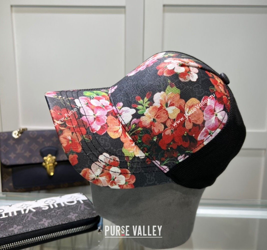 Gucci Black GG Canvas Baseball Hat with Flora Pink 2024 040301 (A-240403067)