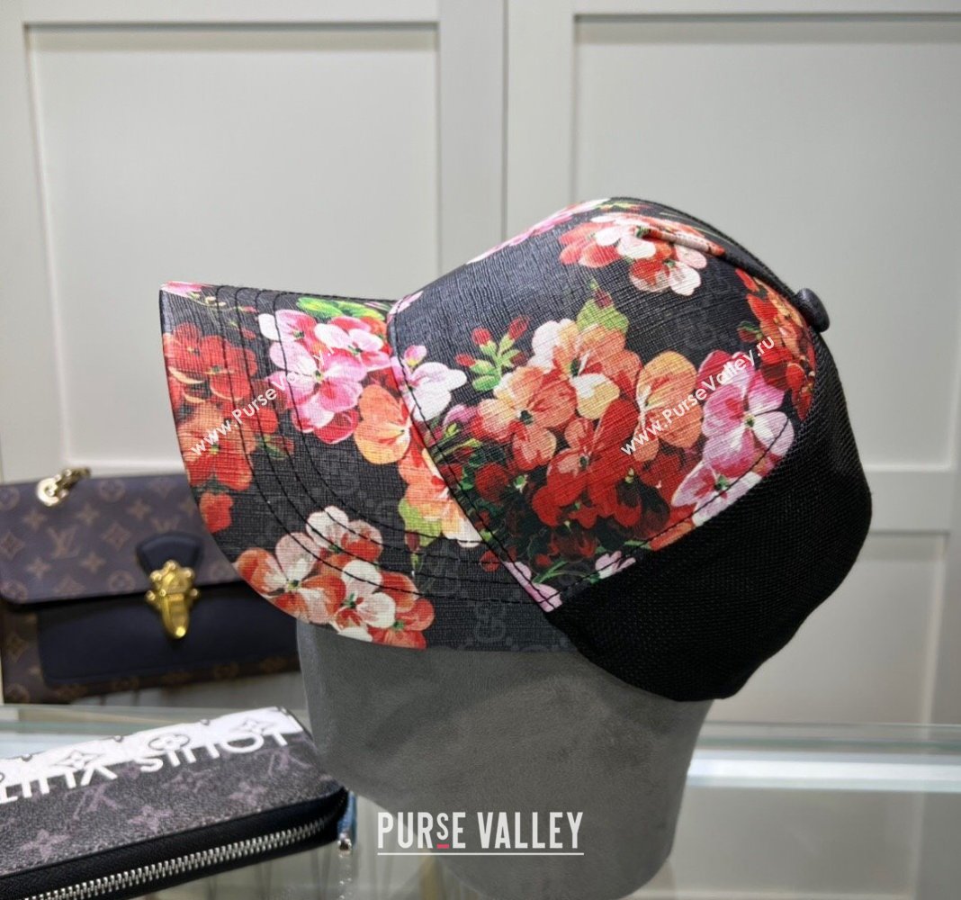 Gucci Black GG Canvas Baseball Hat with Flora Pink 2024 040301 (A-240403067)