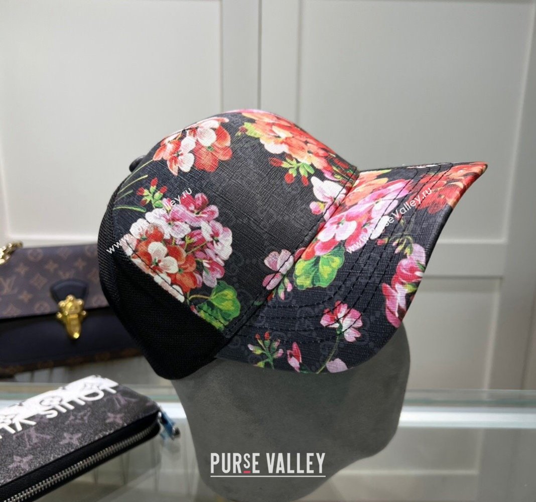 Gucci Black GG Canvas Baseball Hat with Flora Pink 2024 040301 (A-240403067)