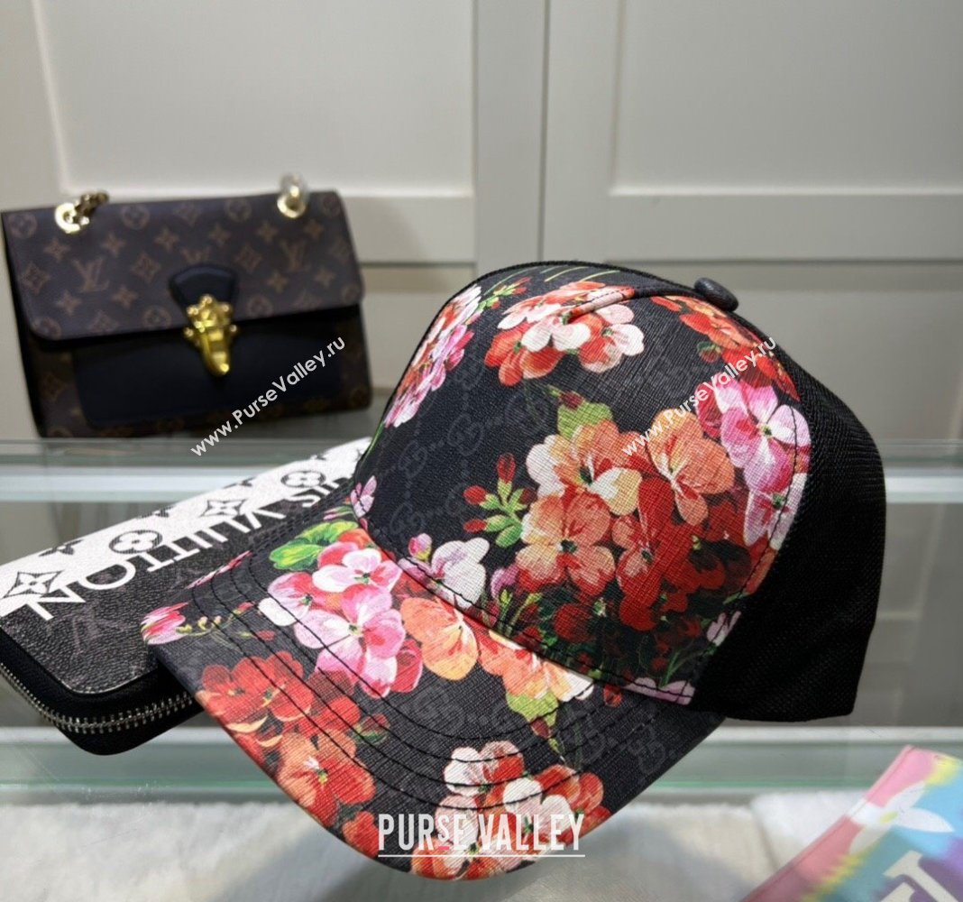 Gucci Black GG Canvas Baseball Hat with Flora Pink 2024 040301 (A-240403067)