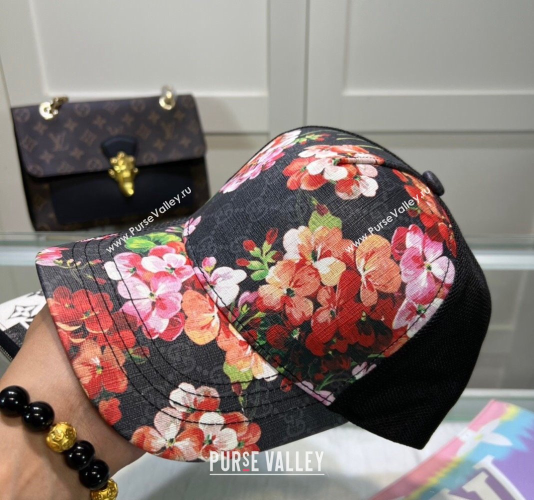 Gucci Black GG Canvas Baseball Hat with Flora Pink 2024 040301 (A-240403067)