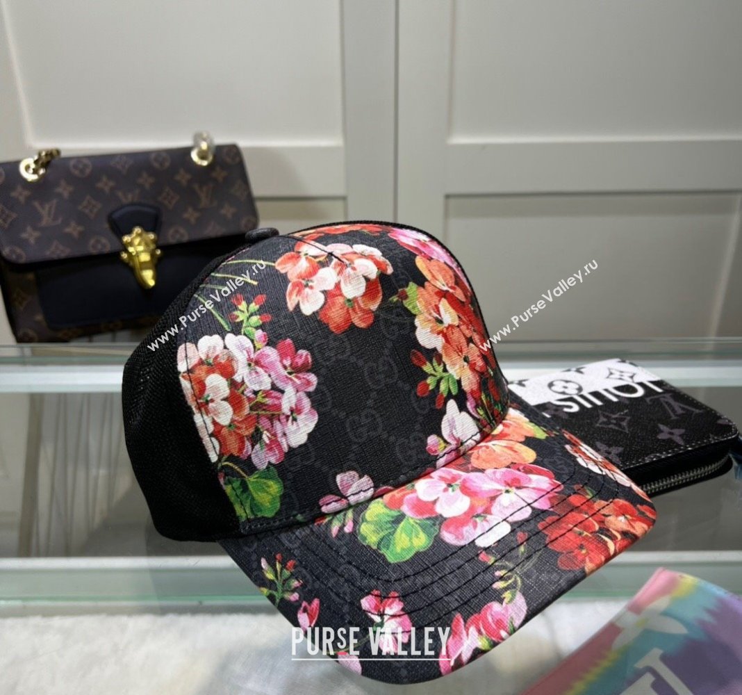 Gucci Black GG Canvas Baseball Hat with Flora Pink 2024 040301 (A-240403067)