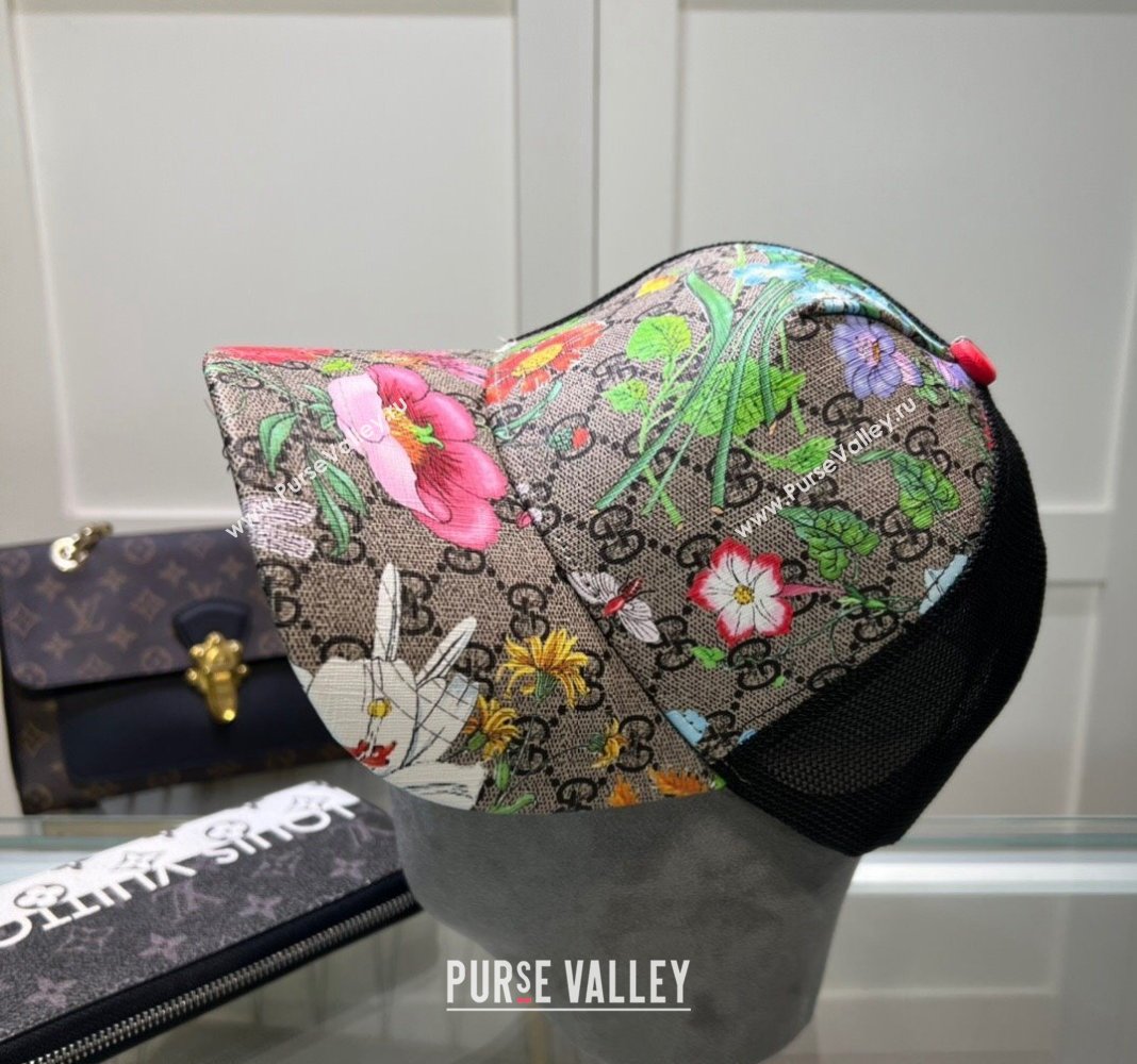 Gucci GG Canvas and Mesh Baseball Hat with Flora Beige1 2024 040301 (A-240403068)