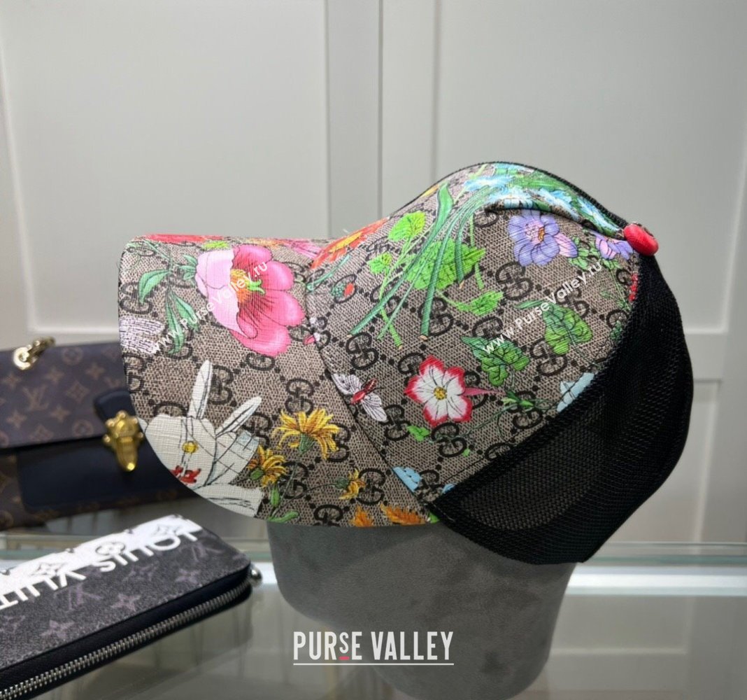 Gucci GG Canvas and Mesh Baseball Hat with Flora Beige1 2024 040301 (A-240403068)