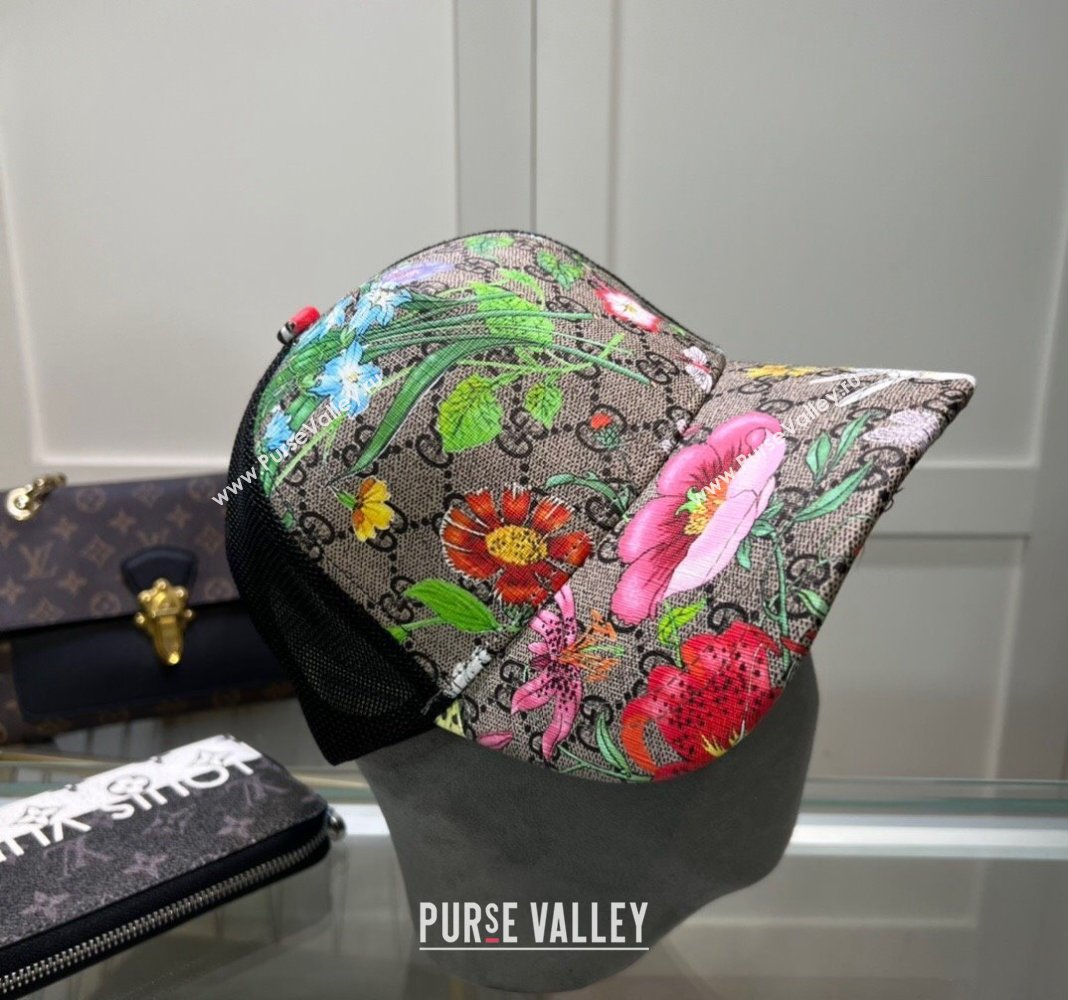 Gucci GG Canvas and Mesh Baseball Hat with Flora Beige1 2024 040301 (A-240403068)
