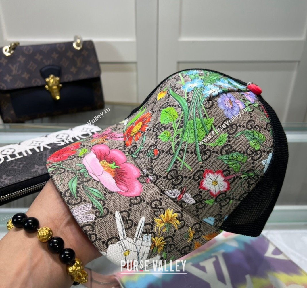 Gucci GG Canvas and Mesh Baseball Hat with Flora Beige1 2024 040301 (A-240403068)