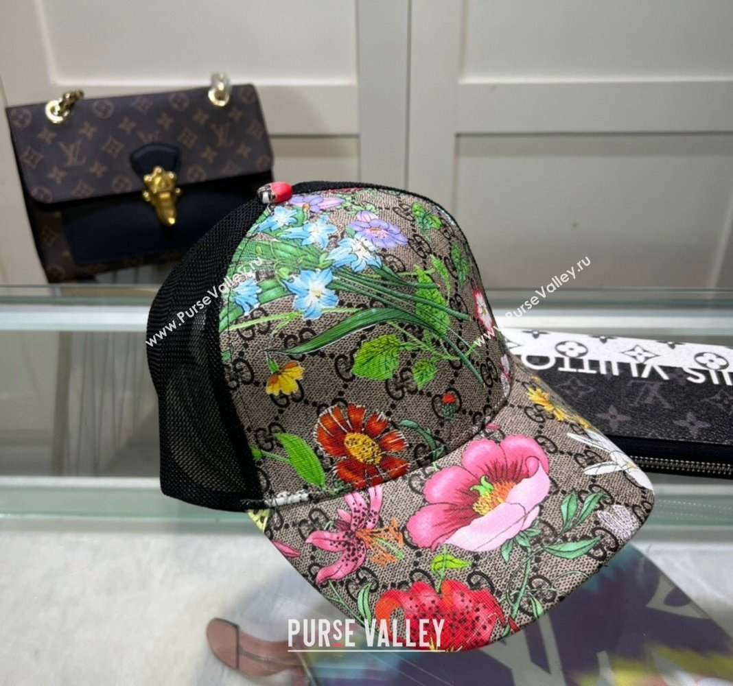 Gucci GG Canvas and Mesh Baseball Hat with Flora Beige1 2024 040301 (A-240403068)