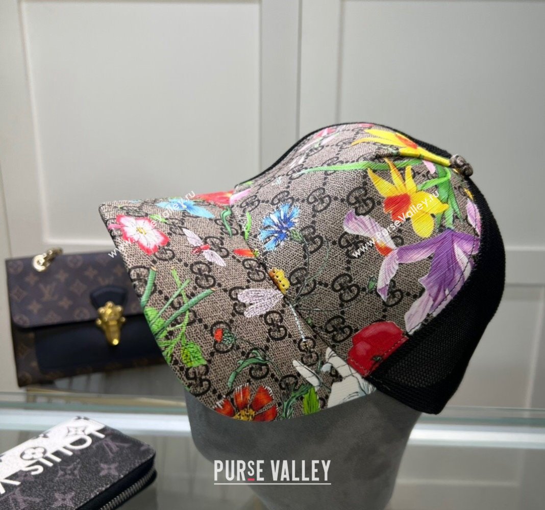 Gucci GG Canvas and Mesh Baseball Hat with Flora Beige2 2024 040301 (A-240403070)