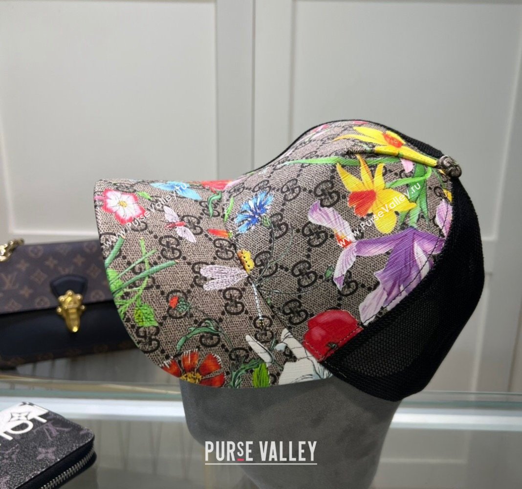 Gucci GG Canvas and Mesh Baseball Hat with Flora Beige2 2024 040301 (A-240403070)