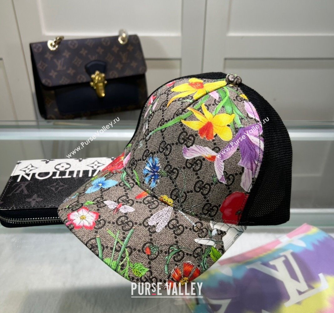 Gucci GG Canvas and Mesh Baseball Hat with Flora Beige2 2024 040301 (A-240403070)