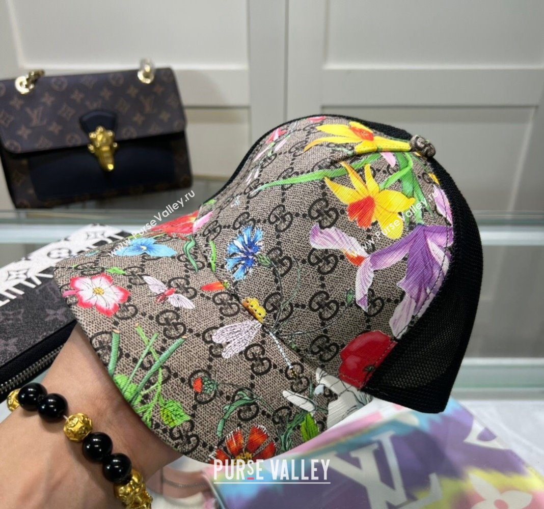 Gucci GG Canvas and Mesh Baseball Hat with Flora Beige2 2024 040301 (A-240403070)