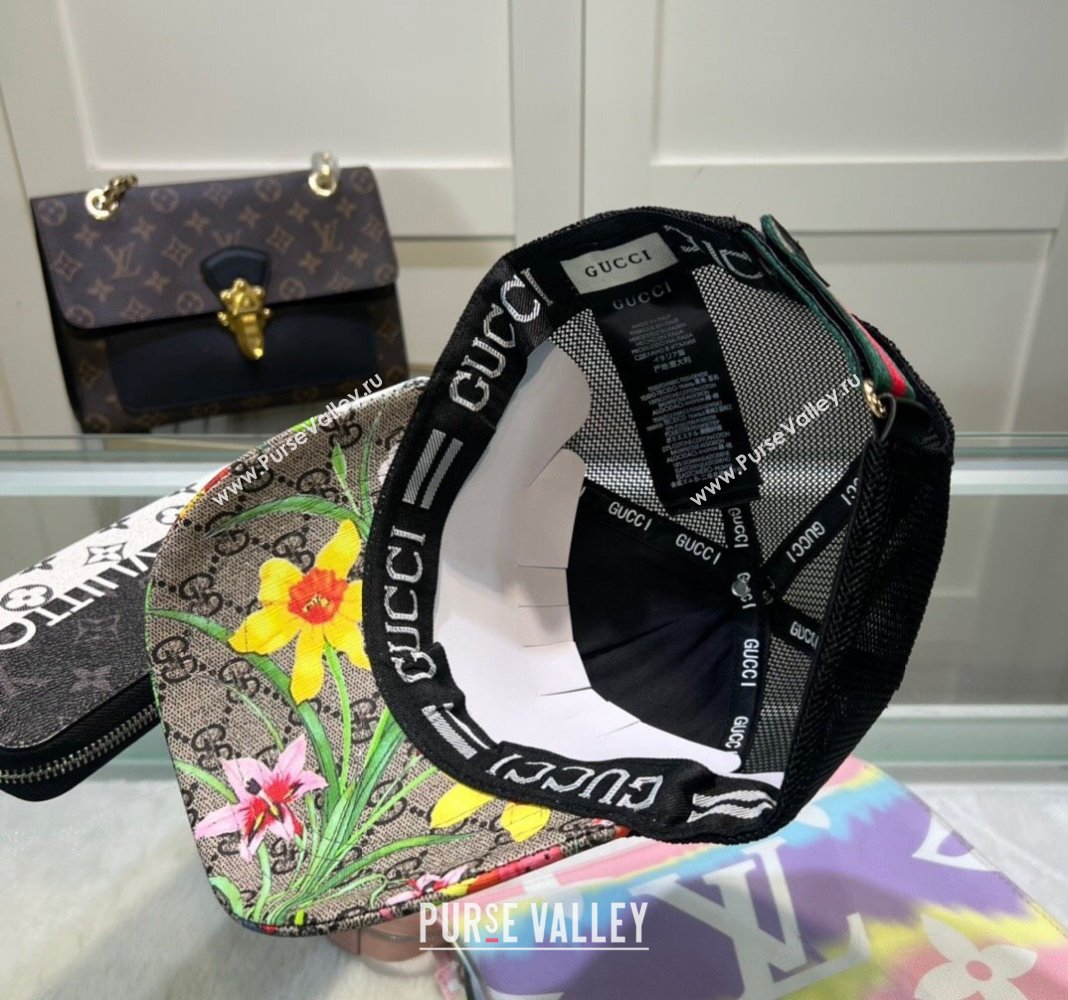 Gucci GG Canvas and Mesh Baseball Hat with Flora Beige2 2024 040301 (A-240403070)