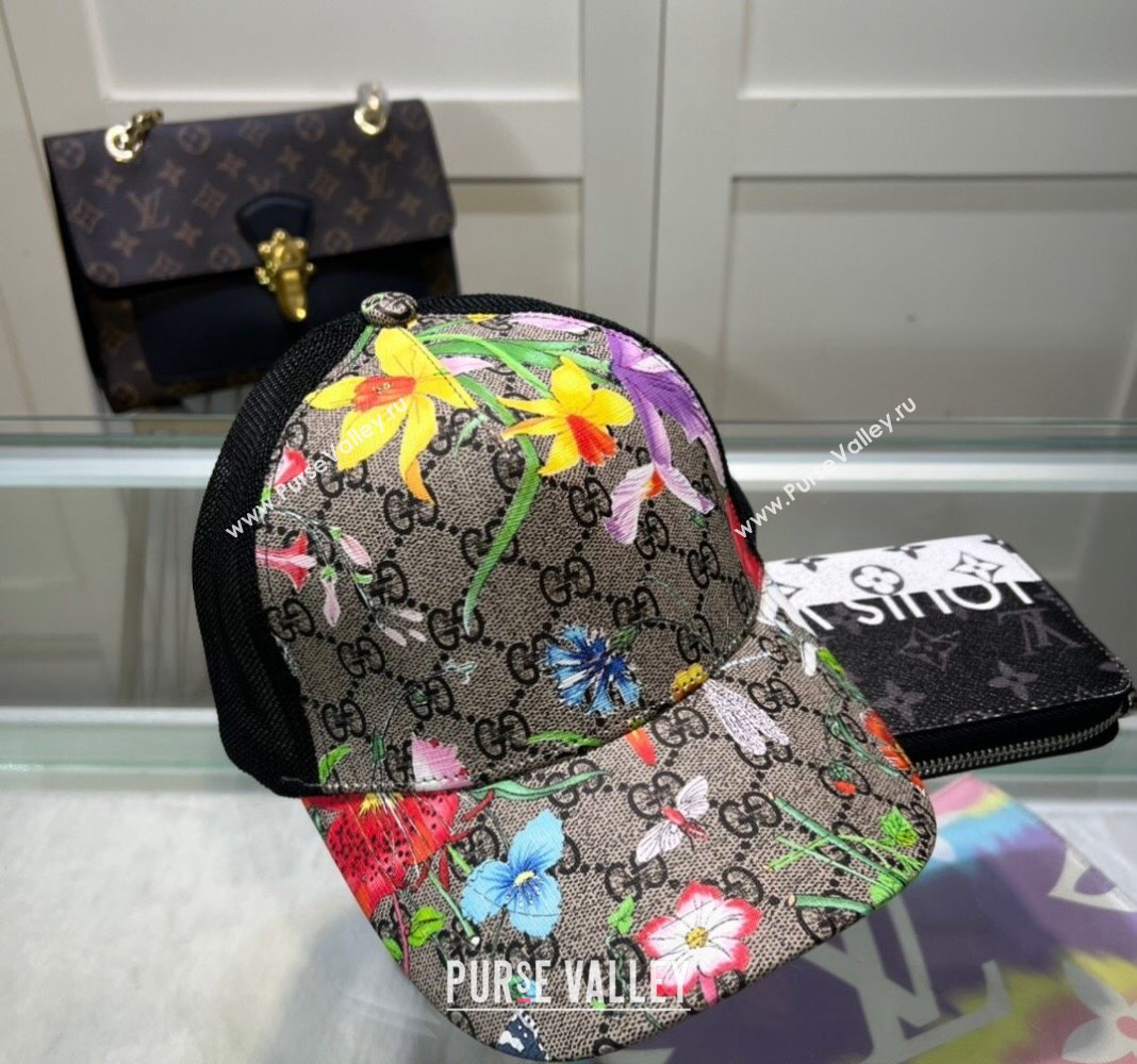Gucci GG Canvas and Mesh Baseball Hat with Flora Beige2 2024 040301 (A-240403070)