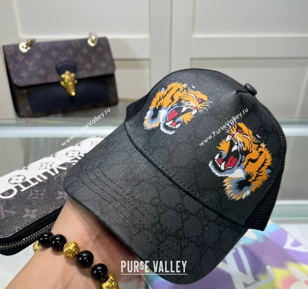 Gucci GG Canvas Baseball Hat with Tiger Print Black 2024 040301 (A-240403075)
