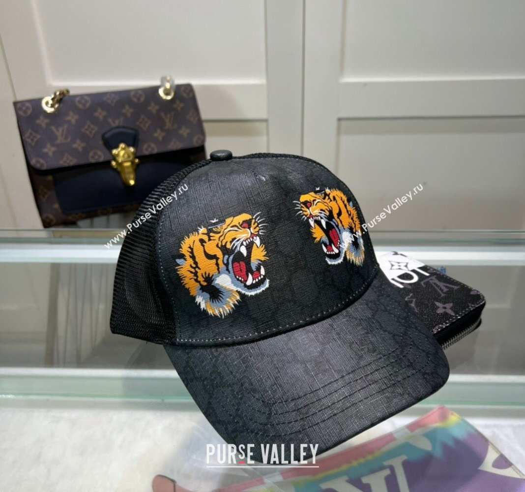 Gucci GG Canvas Baseball Hat with Tiger Print Black 2024 040301 (A-240403075)