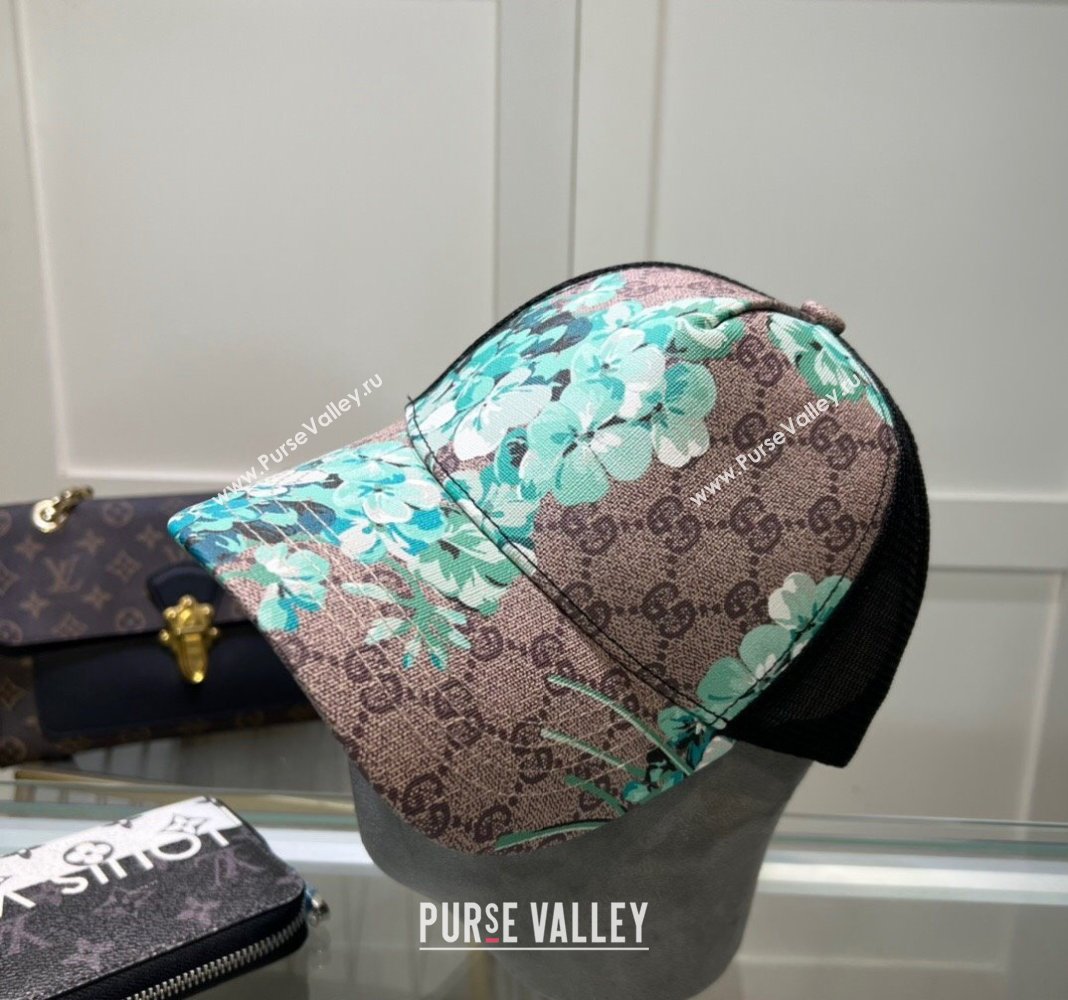 Gucci Beige Canvas and Mesh Baseball Hat with Flora Blue 2024 040301 (A-240403071)