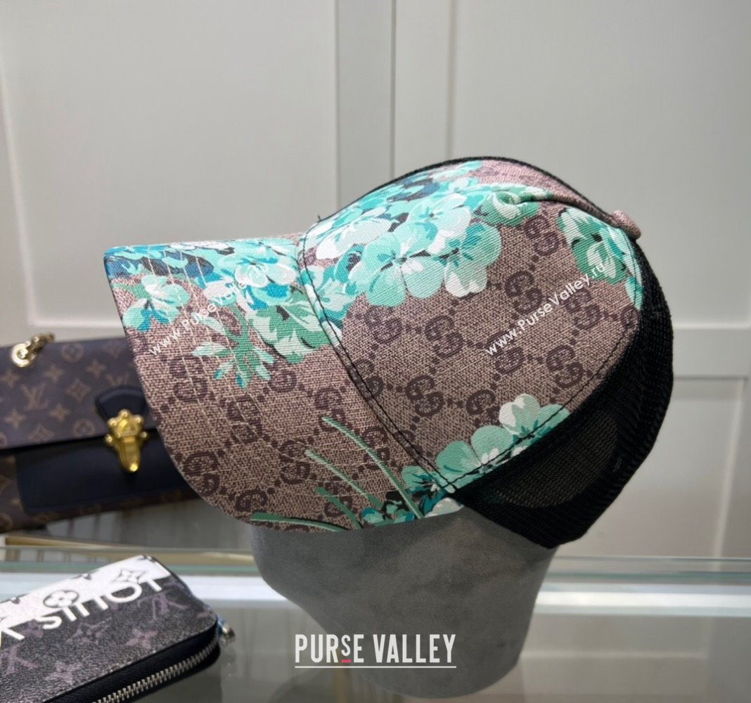 Gucci Beige Canvas and Mesh Baseball Hat with Flora Blue 2024 040301 (A-240403071)
