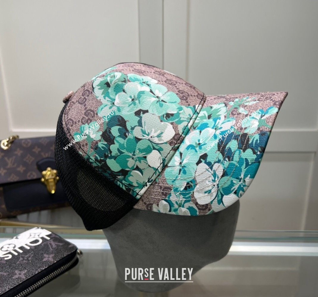Gucci Beige Canvas and Mesh Baseball Hat with Flora Blue 2024 040301 (A-240403071)