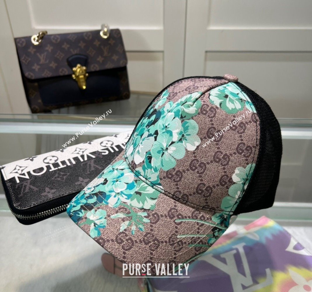 Gucci Beige Canvas and Mesh Baseball Hat with Flora Blue 2024 040301 (A-240403071)
