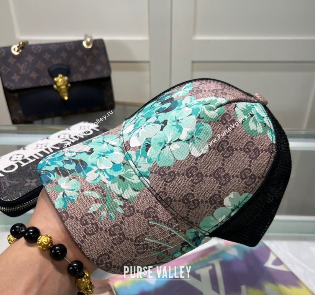Gucci Beige Canvas and Mesh Baseball Hat with Flora Blue 2024 040301 (A-240403071)